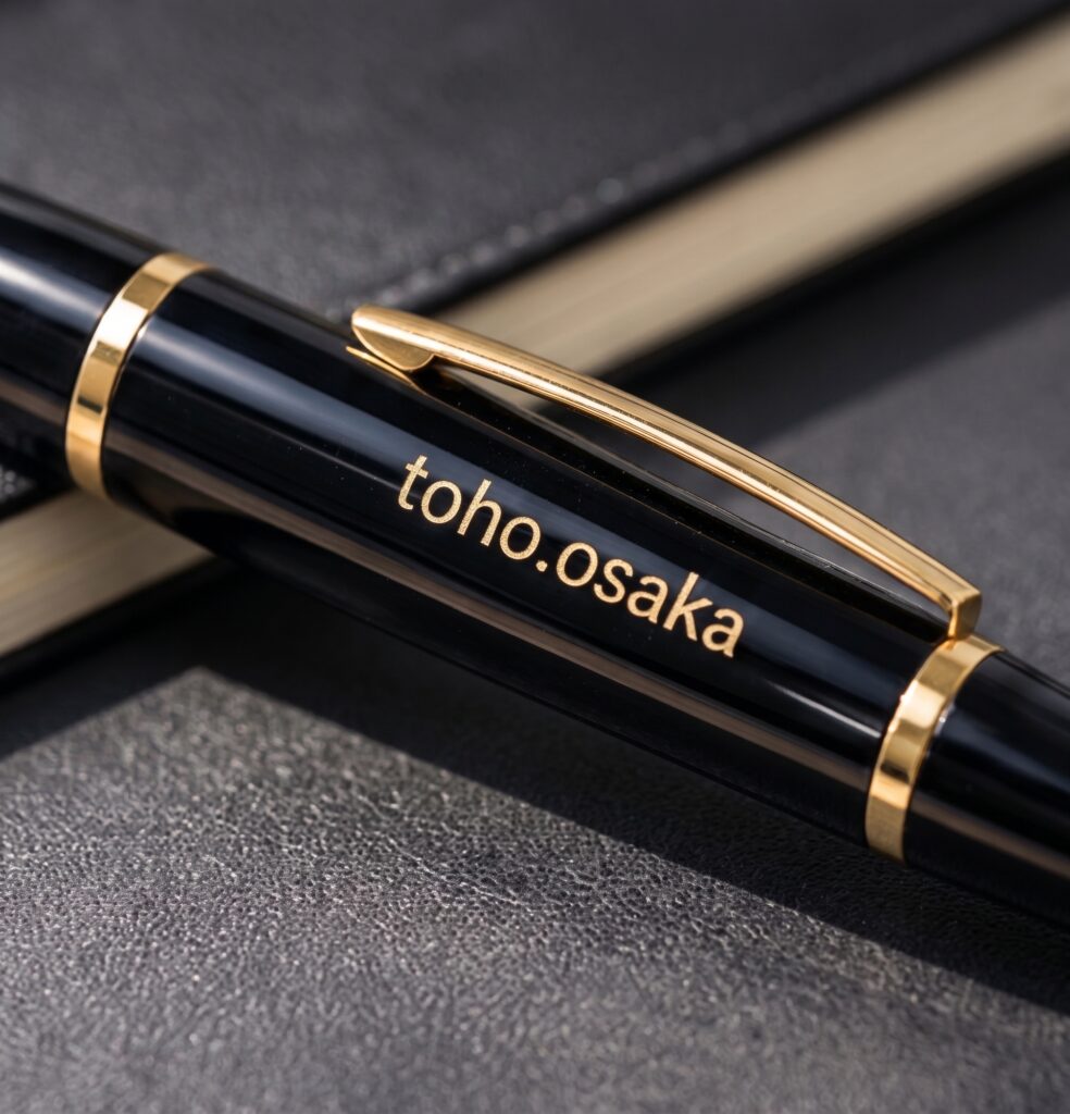 黒いペンの軸に金色のtoho.osakaロゴを配した加飾部分のクローズアップ